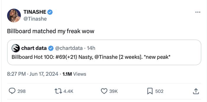 Tinashe tweets &quot;Billboard matched my freak wow&quot; in response to a Billboard Hot 100 peak tweet mentioning her song &quot;Nasty&quot; at #69