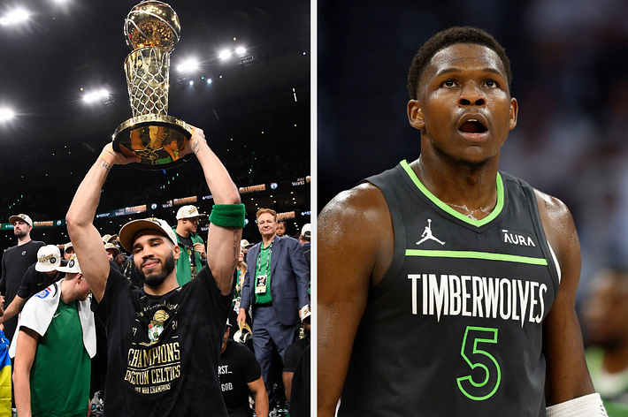 Jayson Tatum holds up an NBA championship trophy. Anthony Edwards stands in Timberwolves jersey during a game