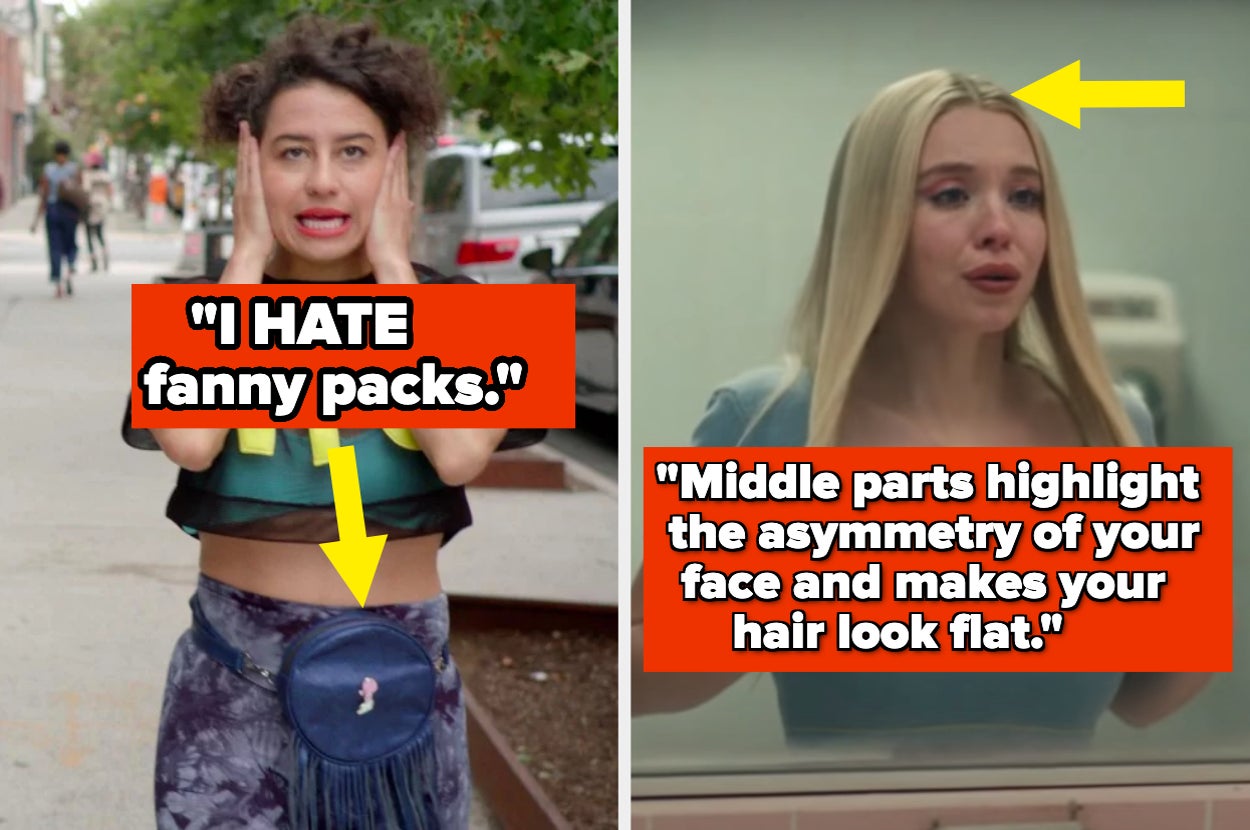 Split image: Left: Ilana Glazer holding her head, a caption near her says "I HATE fanny packs." Right: Dove Cameron, with a middle part hairstyle, caption reads "Middle parts highlight the asymmetry of your face and makes your hair look flat."