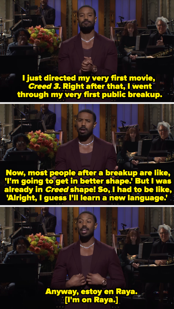 Michael B. Jordan on a talk show set discussing directing his first movie, &quot;Creed 3,&quot; going through a public breakup, getting in shape, and joining the Raya app