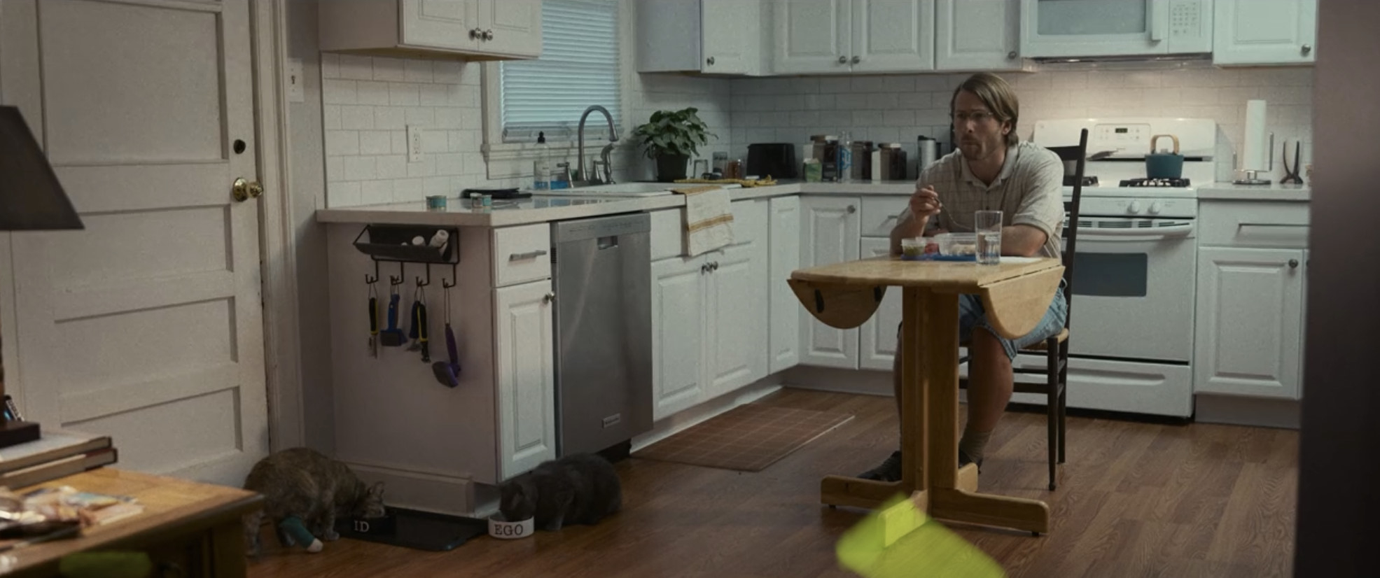 Gary Johnson (Glenn Powell) eating with two cats eating near the sink.