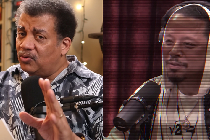 Neil deGrasse Tyson and Terrence Howard engaged in conversation during individual podcast interviews