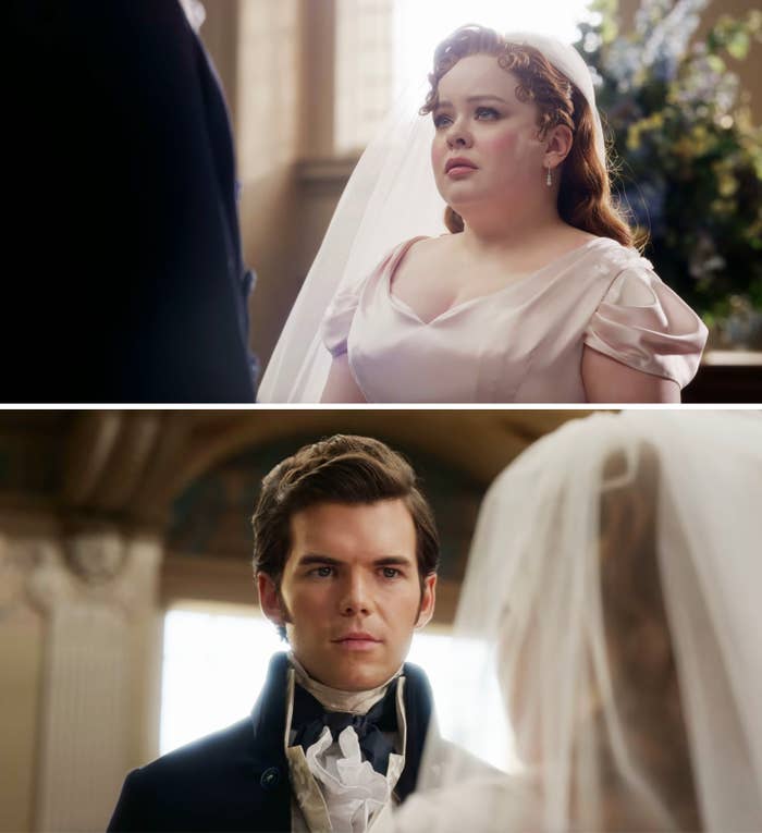 Penelope in bridal gown and veil gazes at Colin in period costume during a wedding scene