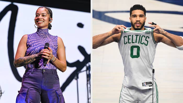 Ella Mai performing at an event; Jayson Tatum displaying his Celtics jersey on a basketball court