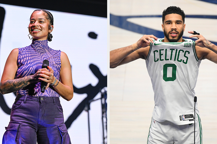 Ella Mai performing on stage, wearing a sleeveless top and cargo pants. Jayson Tatum in a Celtics uniform holding up his jersey