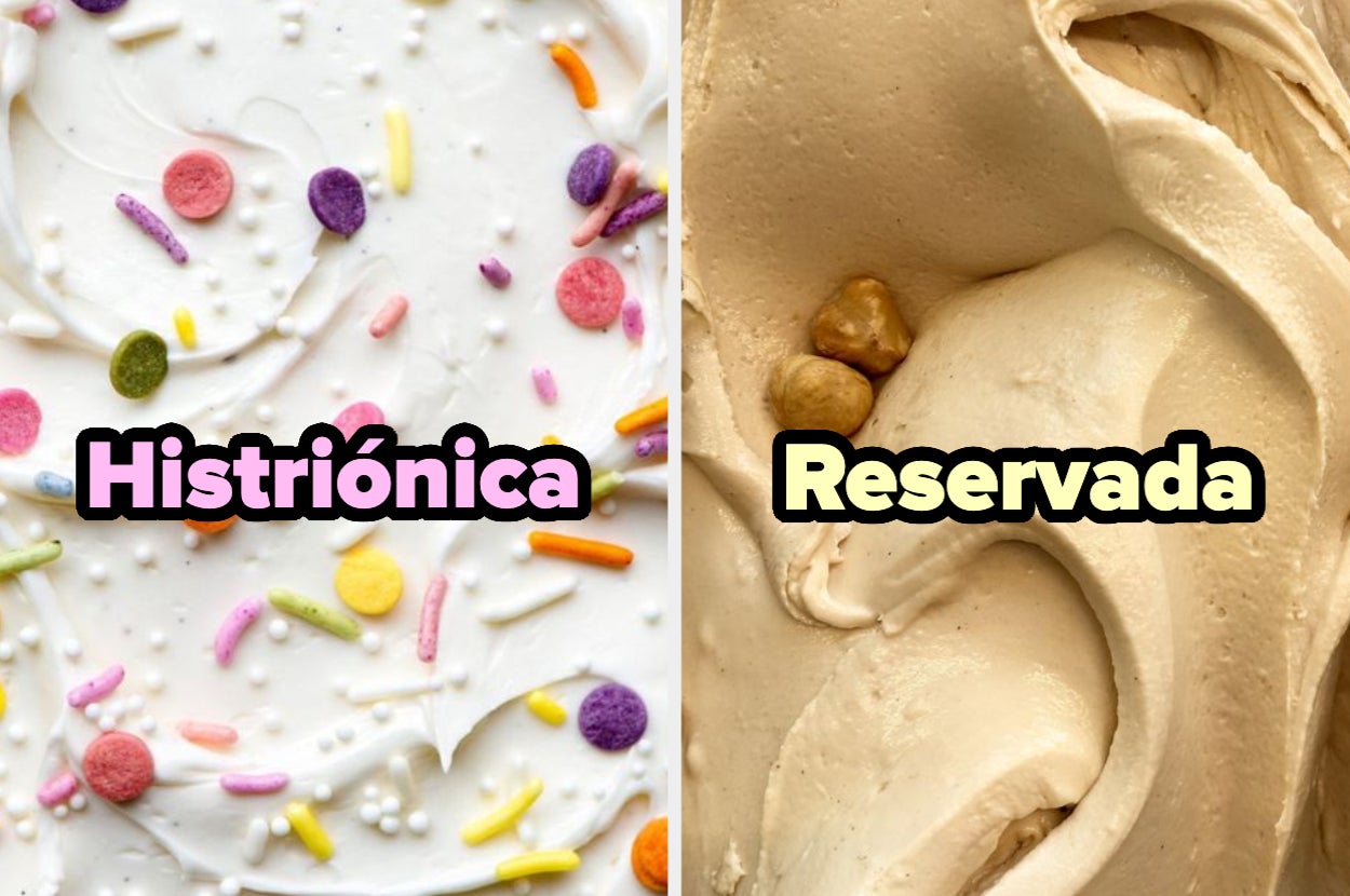 Helado con chispas de colores con el texto "Histriónica" a la izquierda, helado de vainilla con avellanas con el texto "Reservada" a la derecha