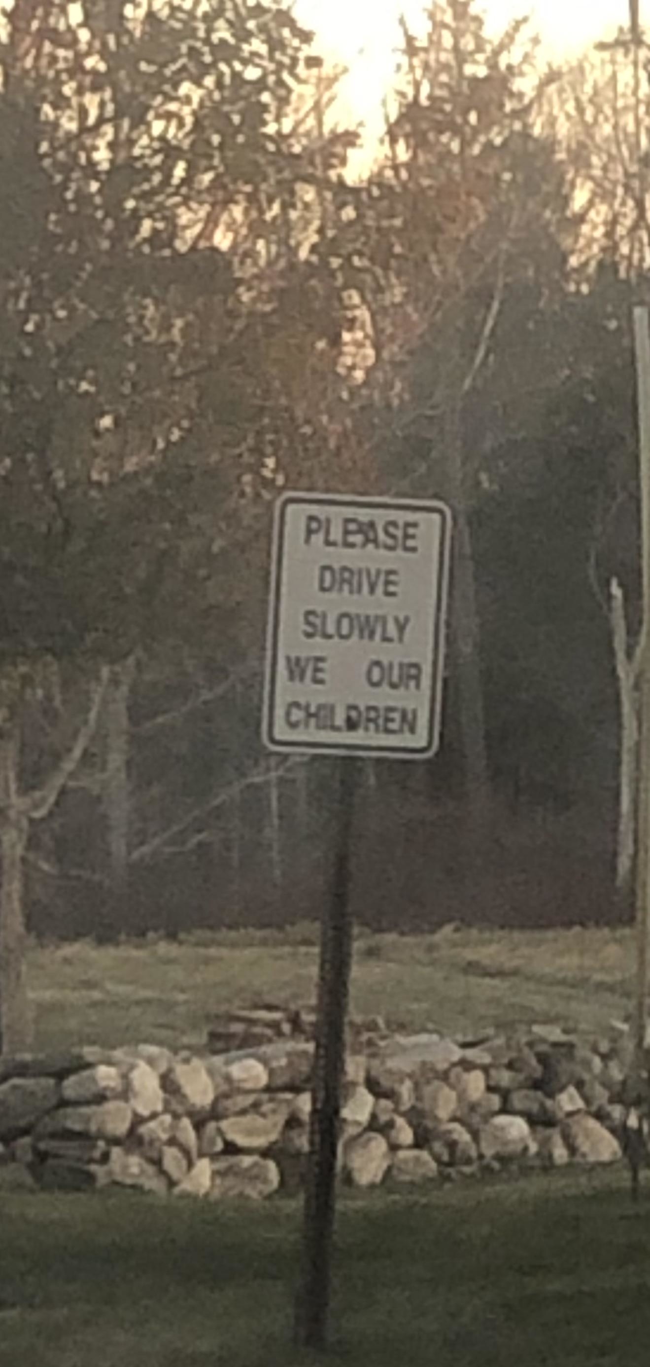 A road sign reads, "PLEASE DRIVE SLOWLY WE OUR CHILDREN," positioned in front of a grassy area with trees and a stone wall in the background