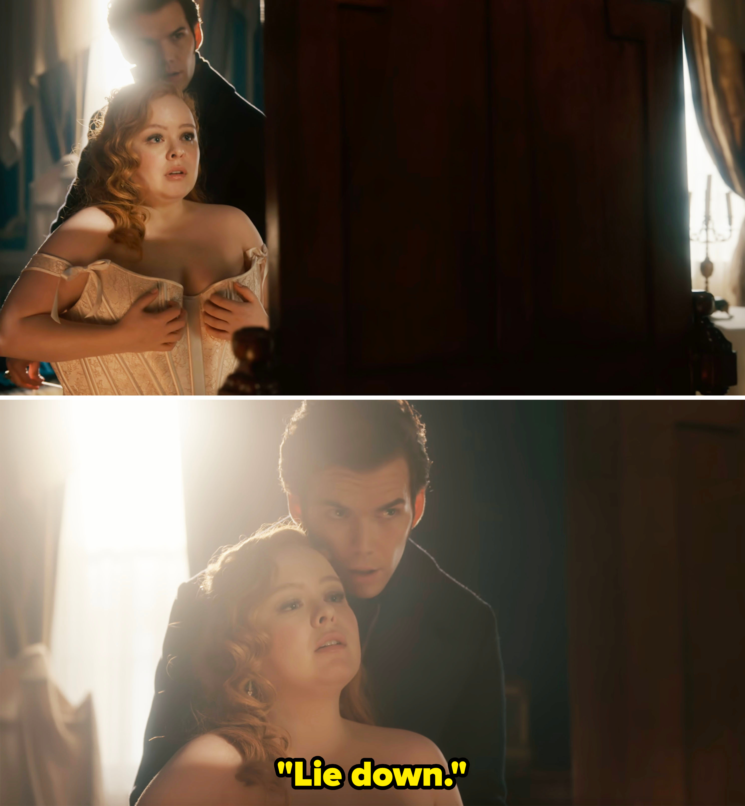 Colin telling Penelope to "Lie dow" after he's undressed her