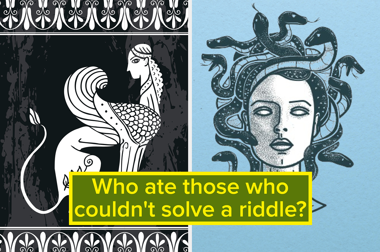 Black and white illustration of the Sphinx and Medusa with text "Who ate those who couldn't solve a riddle?"