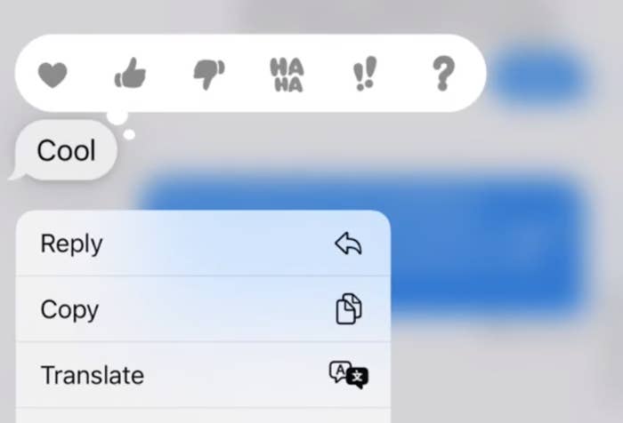 A smartphone screen shows a message reading "Cool" with options to Reply, Copy, and Translate