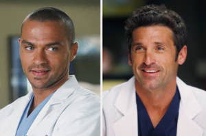 Jesse Williams and Patrick Dempsey wearing medical scrubs and lab coats, smiling in a split-screen image