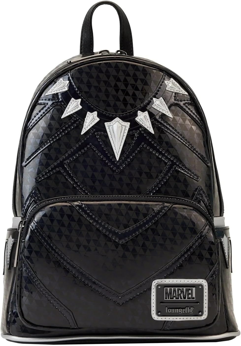 Marvel Loungefly backpack with a Black Panther theme, featuring angular silver designs characteristic of the superhero&#x27;s costume