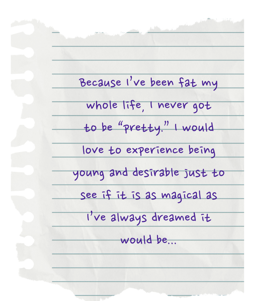 Handwritten note on torn notebook paper stating: &quot;Because I've been fat my whole life, I never got to be 'pretty.' I would love to experience being young and desirable just to see if it is as magical as I've always dreamed it would be&hellip;&quot;