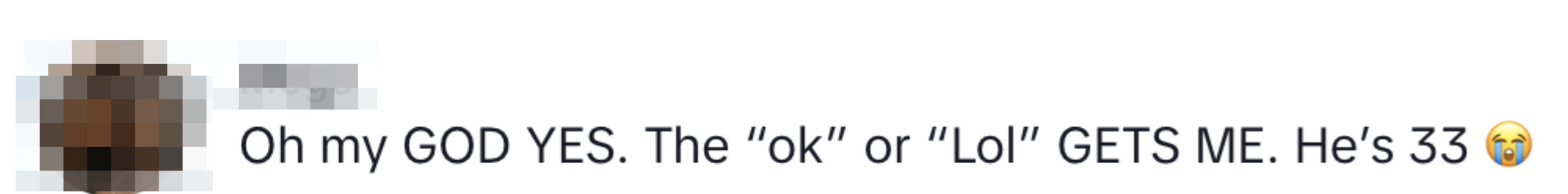 Oh my GOD YES. The 'ok' or 'Lol' GETS ME. He's 33 ?"