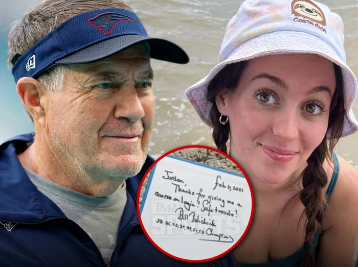 Bill Belichick wearing a visor and jacket next to a smiling young woman in a bucket hat. A note from Bill Belichick, dated February 8, 2021, is displayed