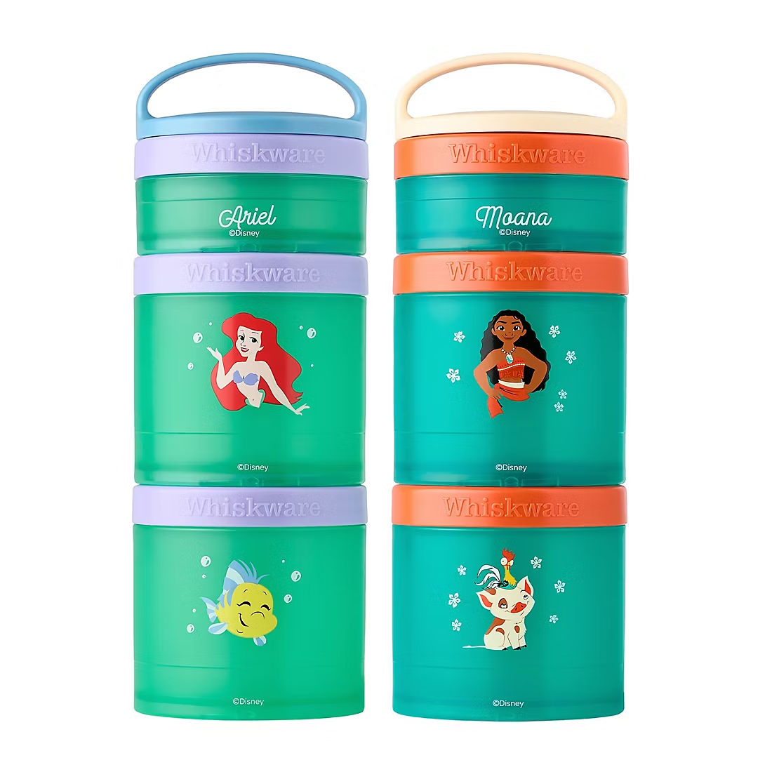 Whiskware snack containers featuring Disney's Ariel, Flounder, Moana, and Pua with handles on top