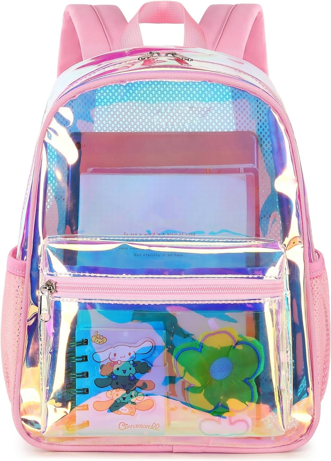 A clear iridescent backpack with pink straps and accents, containing a notebook with a cartoon character, a green flower notebook, and a few folders inside