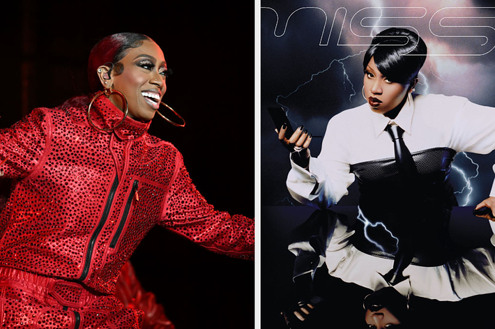 Missy Elliott performing in a studded outfit on the left; "Da Real World" album cover with her in a black and white ensemble holding a microphone on the right