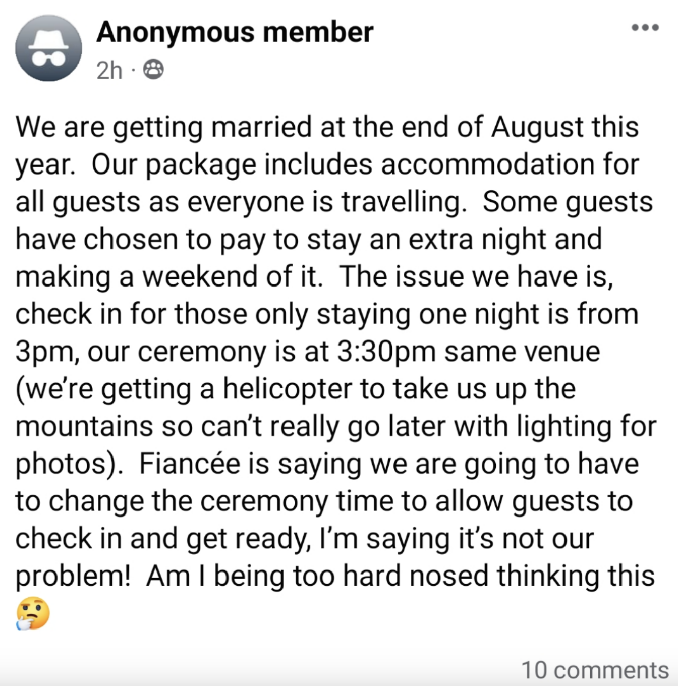 A Facebook post by an anonymous member discussing an upcoming wedding in late August and the logistical issues with guest accommodations and ceremony timing