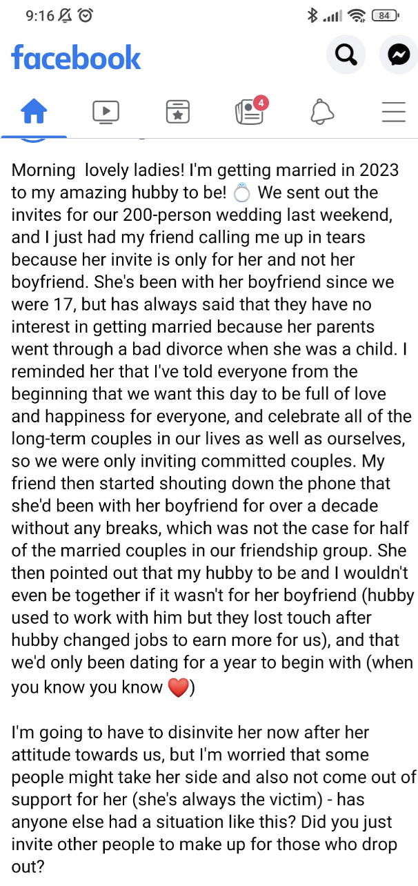 Facebook post about a woman worried about disinviting her friend from her upcoming wedding in 2023. The friend cheated with the poster's fiancé 17 years ago