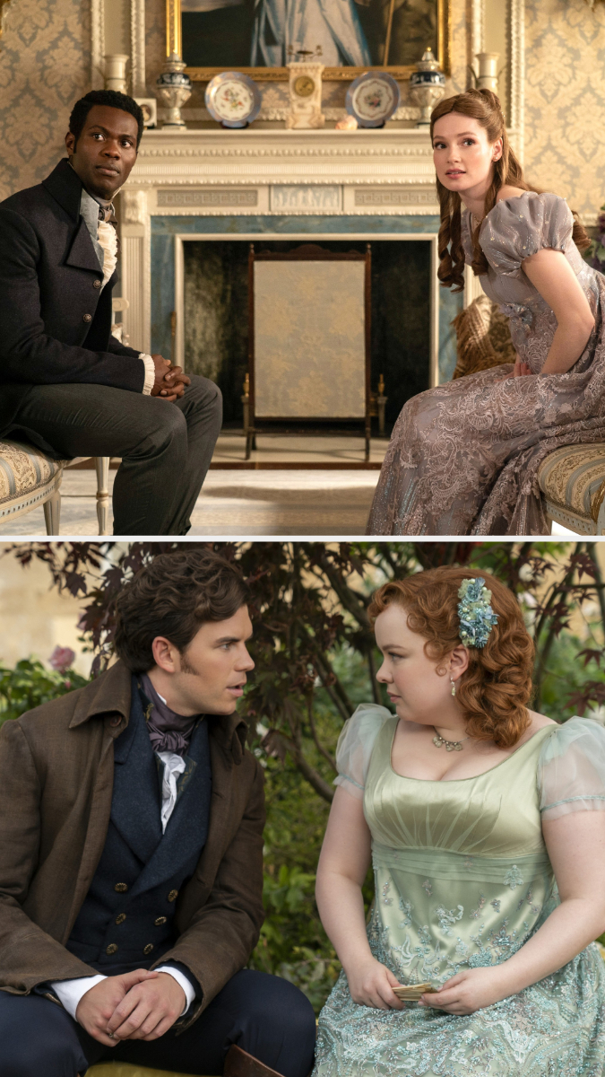 Victor Alli as John Stirling, Hannah Dodd as Francesca Bridgerton, Luke Newton as Colin Bridgerton, and Nicola Coughlan as Penelope Featherington