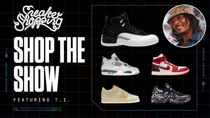Sneaker Shopping ad for &quot;Shop the Show&quot; featuring T.I. with a variety of sneakers displayed, including various high-top and low-top styles
