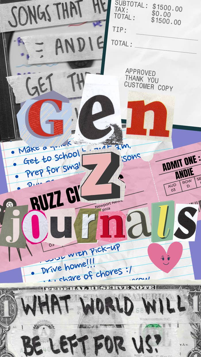 Collage featuring text including &quot;Gen Z journals,&quot; handwritten to-do lists, a receipt with a $1500 payment, a movie ticket, and a message saying, &quot;WHAT WORLD WILL BE LEFT FOR US?&quot;