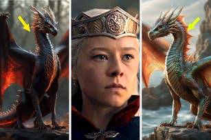 Rhaenyra Targaryen stands between dragons Syrax and Caraxes in a promotional image for House of the Dragon