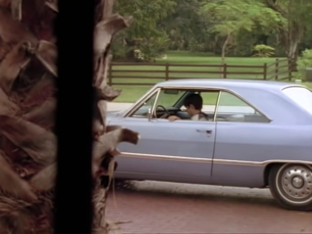 A person sits and drives a vintage car down a road, with a tree and greenery visible in the background