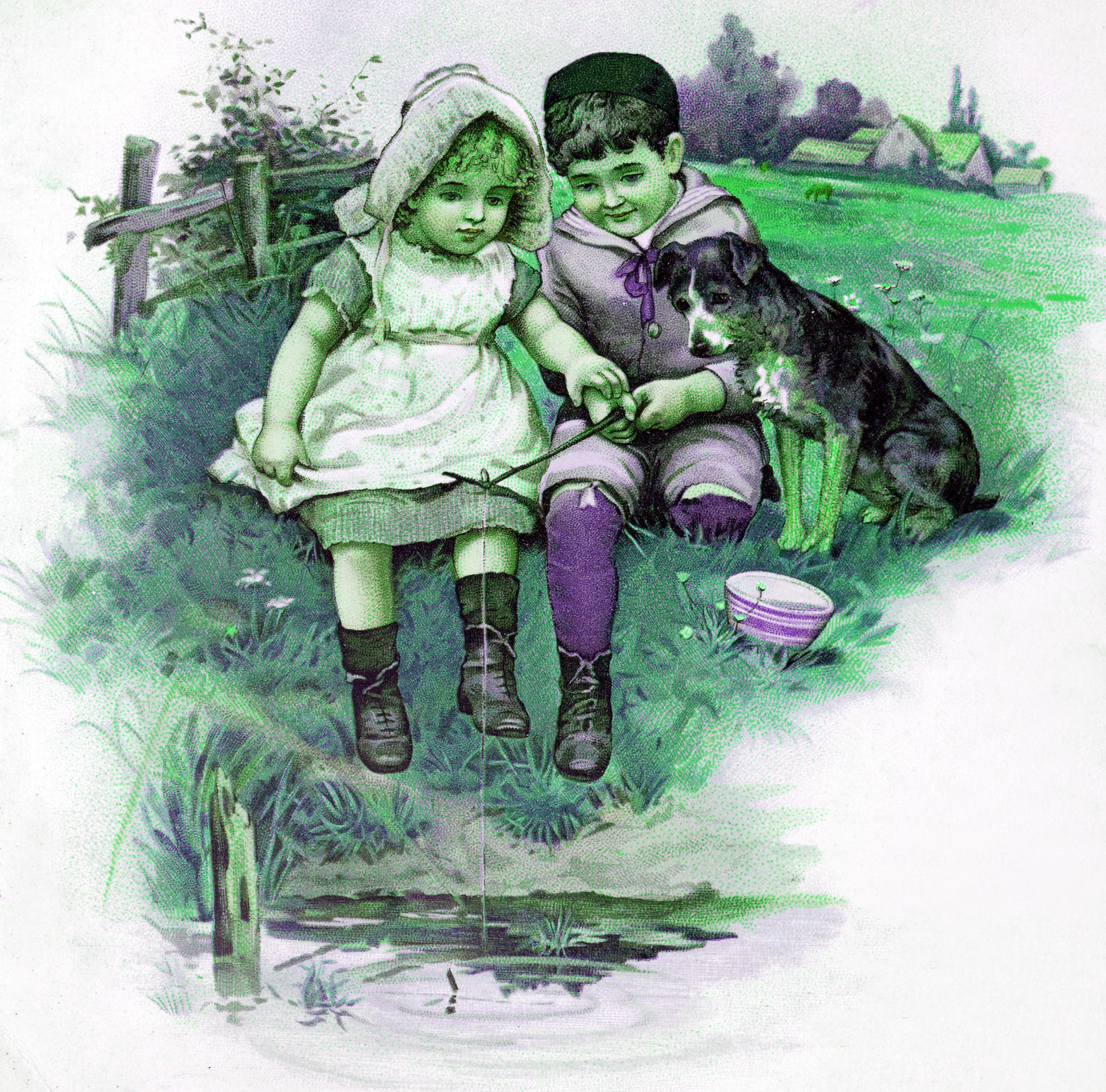 Two children in old-fashioned clothing sit by a pond, one holding a fishing rod. A dog sits next to them. In the background are some houses and a fence