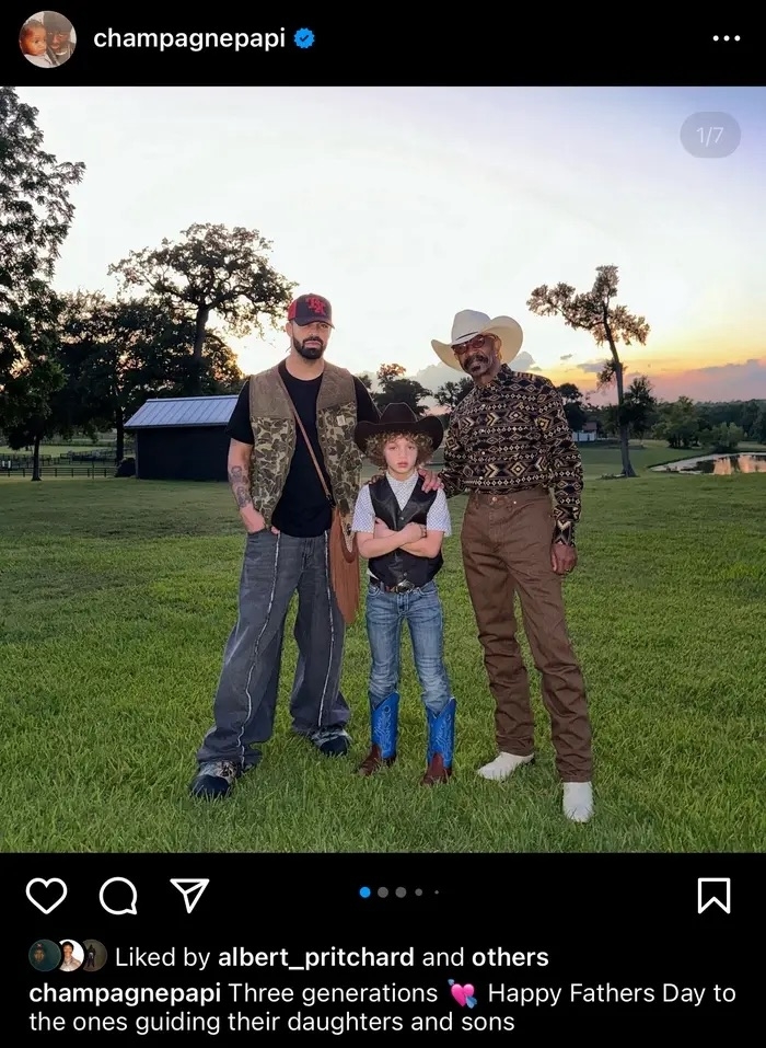 Drake, his father Dennis Graham, and son Adonis stand together outdoors. Caption reads: &quot;Three generations. Happy Fathers Day to the ones guiding their daughters and sons.&quot;