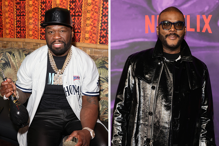 50 Cent holds a bottle and glass, wearing layered chains and a jersey. Tyler Perry is in a black leather coat and sunglasses at a Netflix event