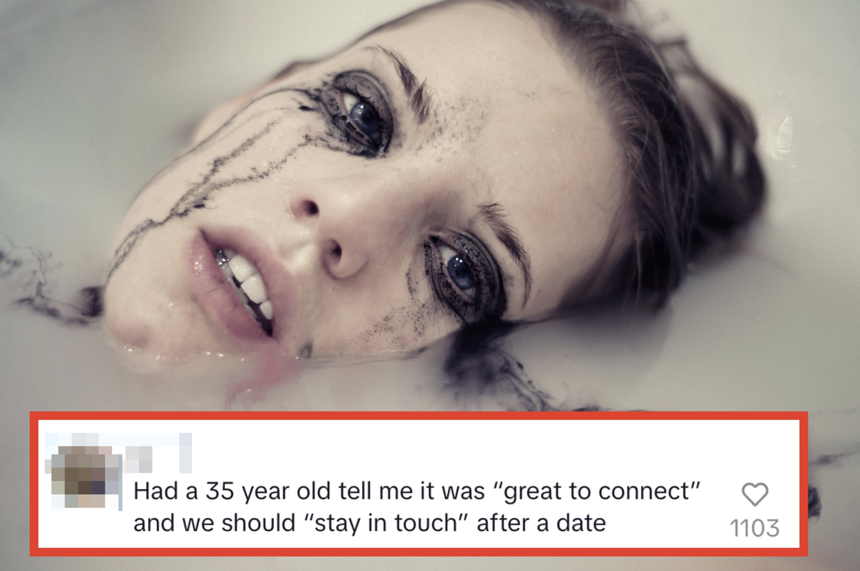 Close-up of a person with smeared makeup in a bathtub, accompanied by a text message: \