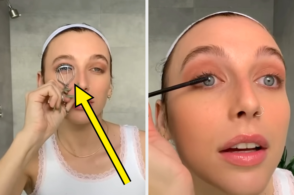 Emma Chamberlain seen in two frames curling eyelashes and applying mascara in a bathroom. She wears a white headband and a white tank top