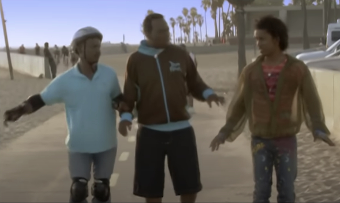 characters from "noah's arc" walk along a beach boardwalk, engaged in conversation