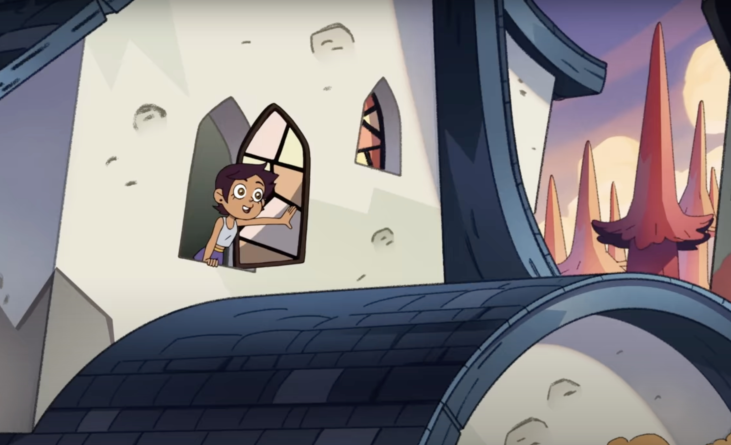Luz Noceda from The Owl House leans out of a castle window looking surprised