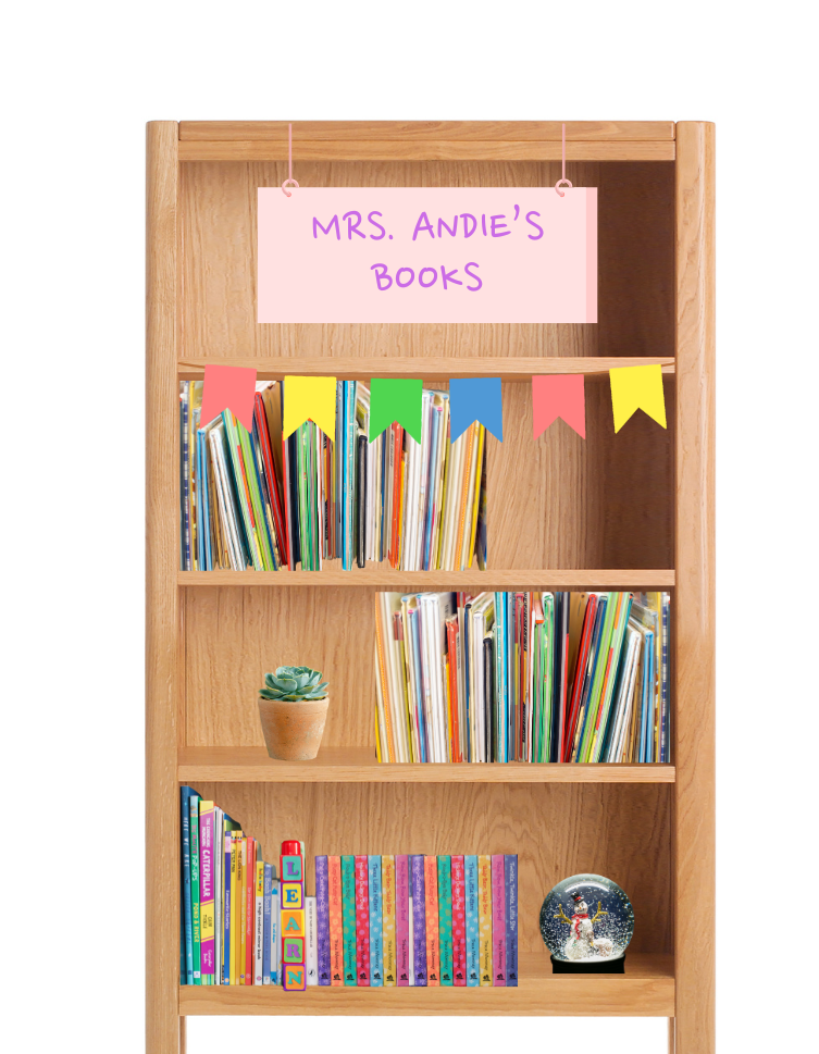 Bookshelf labeled &quot;Mrs. Andie's Books&quot; with colorful books on shelves, a small plant, and a snow globe. Banners decorate the top shelf