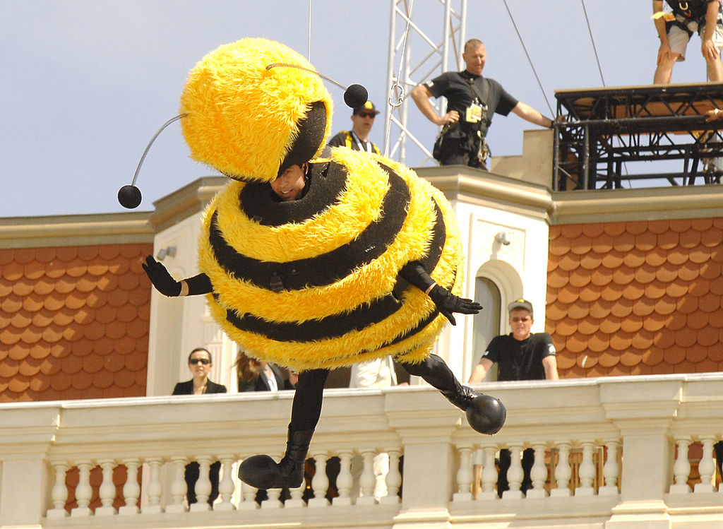 Person in a large bee costume performing an aerial stunt at an event; several onlookers in the background