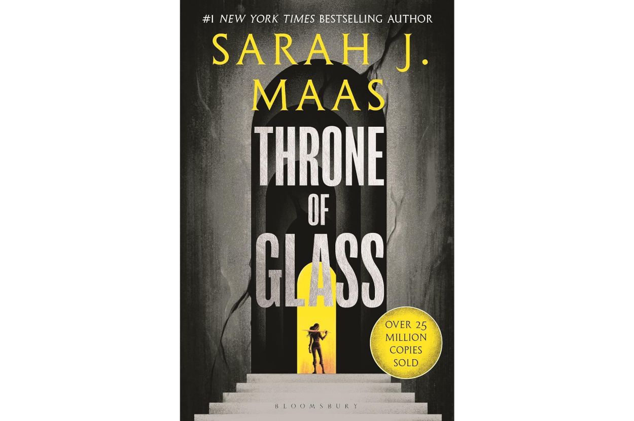 The cover of the book "Throne of Glass" by Sarah J. Maas, showing a silhouetted figure standing before a throne. Text includes "Over 25 million copies sold."