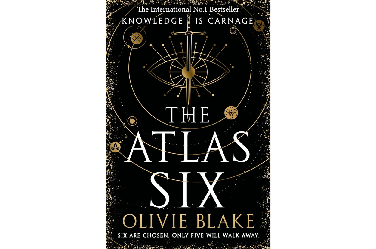 Cover of "The Atlas Six" by Olivie Blake. Text reads: "Knowledge is carnage. Six are chosen. Only five will walk away." The design features a mystical eye and cosmic elements