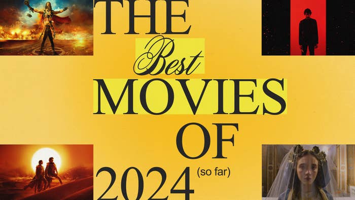 Cover image featuring text &quot;The Best Movies of 2024 (so far)&quot; with movie stills. Top left: warrior in epic setting, top right: person in black, bottom left: two figures at sunset, bottom right: woman in regal attire