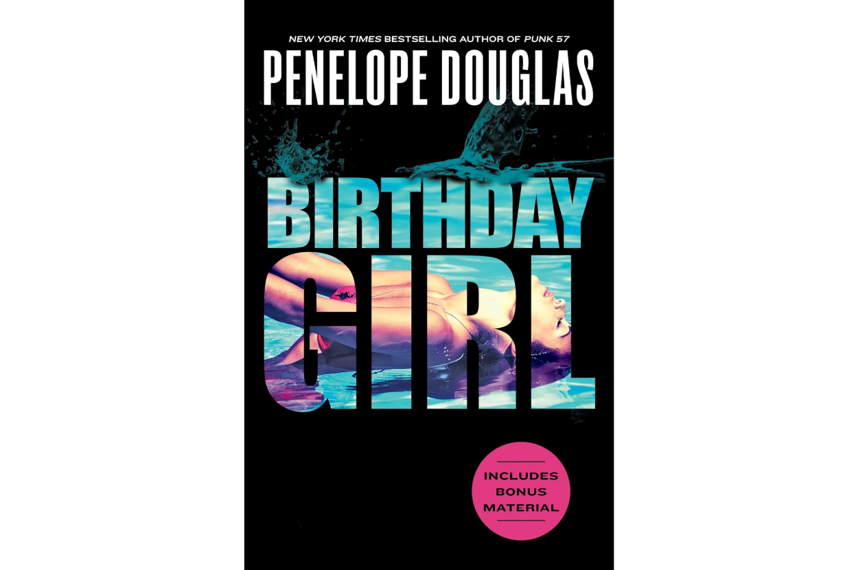 Cover of the book "Birthday Girl" by Penelope Douglas. The title has an image of a woman lying down within the letters. Includes bonus material