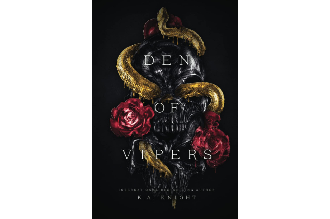 Book cover for "Den of Vipers" by K.A. Knight featuring a dark skull with golden snakes and red roses. Text: "International Bestselling Author K.A. Knight."