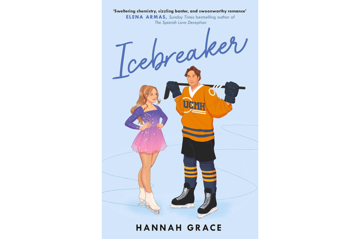 Book cover of "Icebreaker" by Hannah Grace. An ice skater and a hockey player stand side by side. The skater wears a dress and the player wears a UCWH jersey