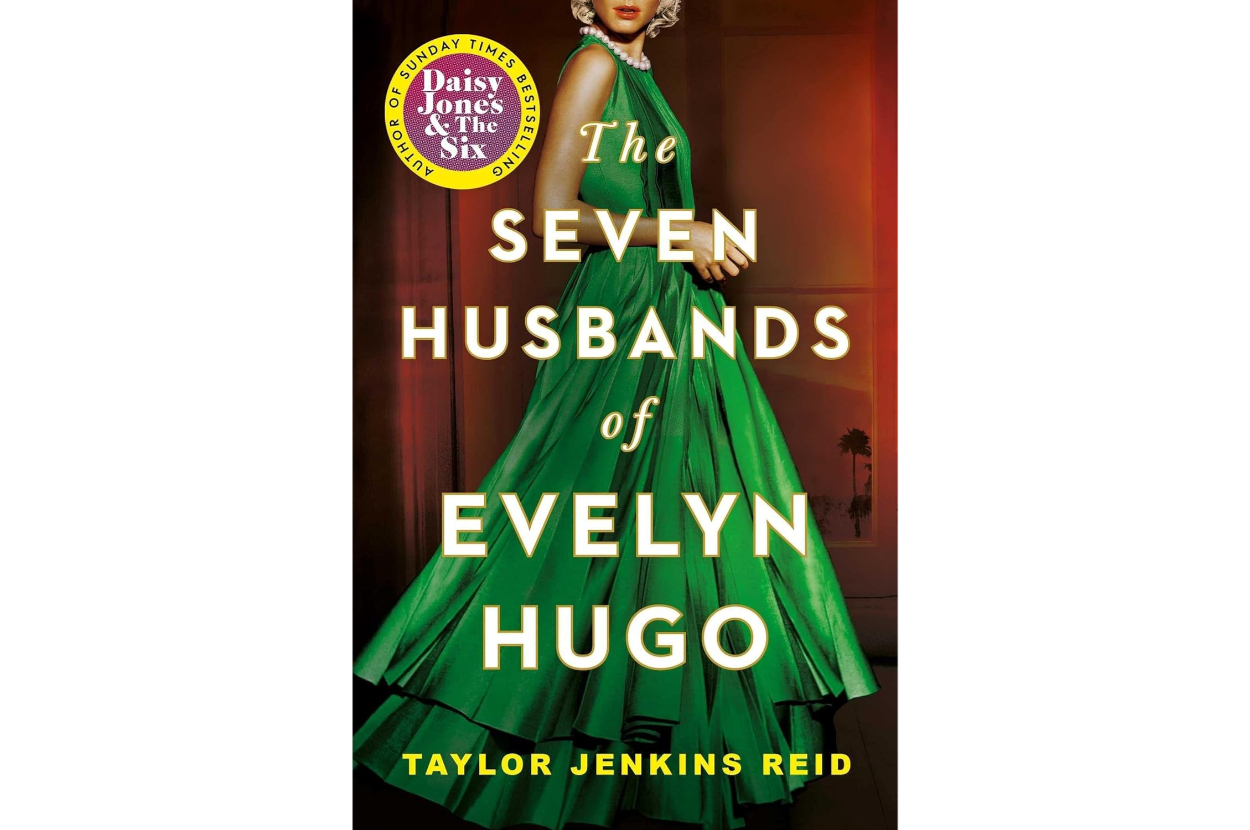 Book cover of "The Seven Husbands of Evelyn Hugo" by Taylor Jenkins Reid, featuring a woman in a green dress with a badge for "Daisy Jones & The Six."