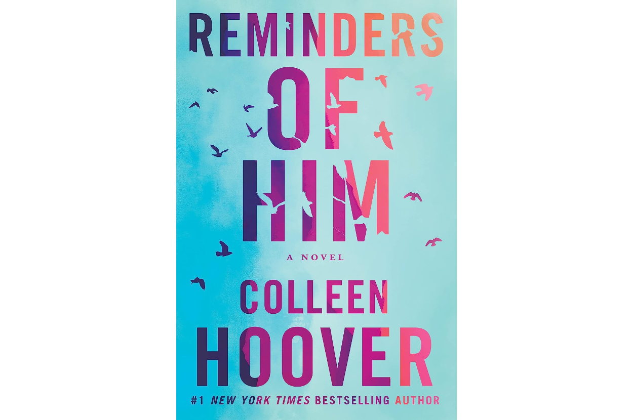 Book cover titled "Reminders of Him: A Novel" by Colleen Hoover, #1 New York Times Bestselling Author, with birds in the background