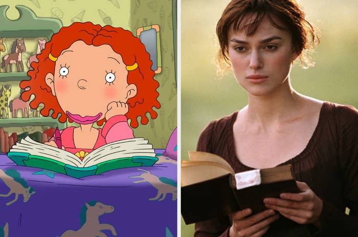 Left: Cartoon girl Ginger Foutley reading a large book at a table. Right: Woman holding a book, identified as Keira Knightley, dressed in period clothing