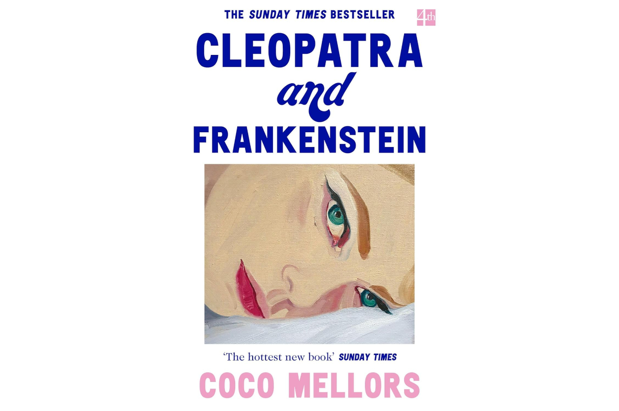Book cover for "Cleopatra and Frankenstein" by Coco Mellors, featuring an illustrated close-up of a woman's face resting on a pillow