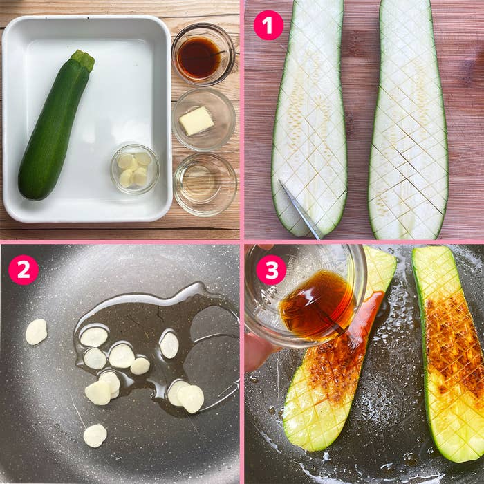 ズッキーニの調理手順:1. ズッキーニの準備、2. ニンニクスライスを炒める、3. 醤油を加える。