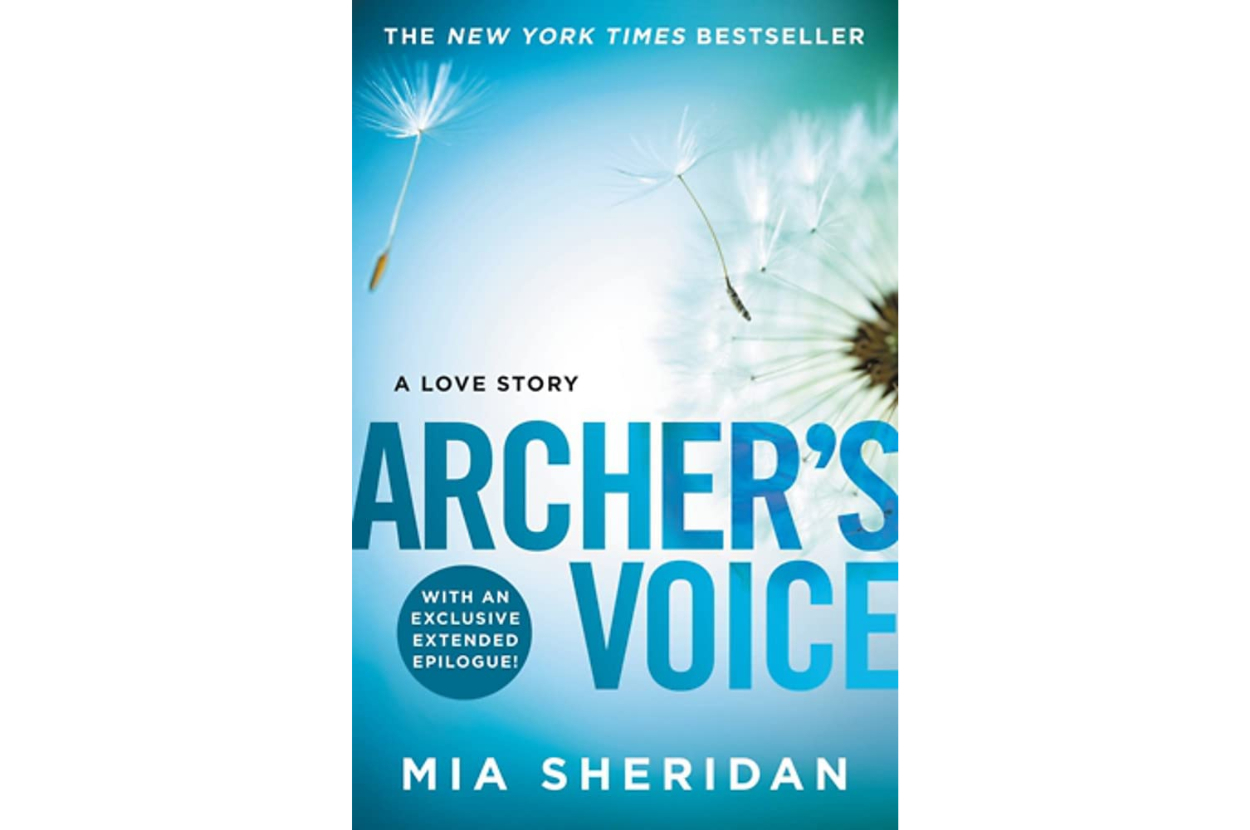 Cover of the book "Archer's Voice" by Mia Sheridan, featuring dandelion seeds blowing in the wind and the subtitle "A Love Story."